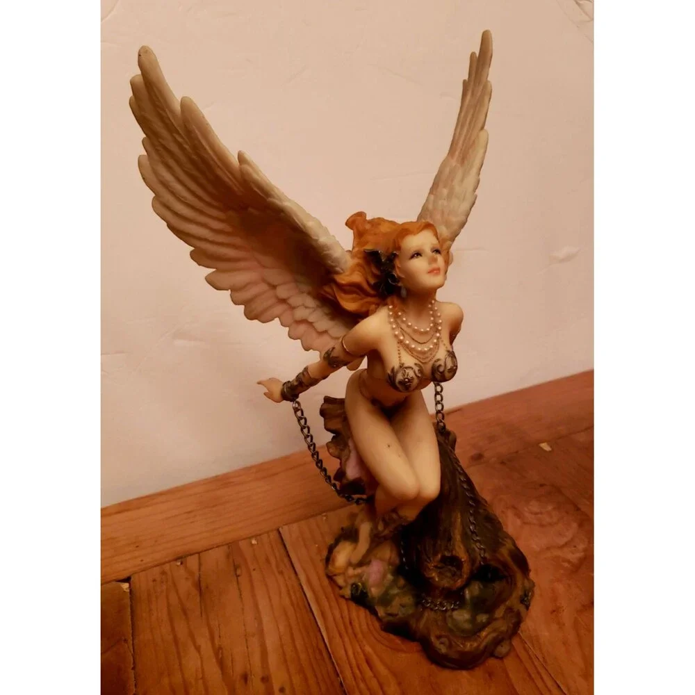 CAPTURED WINGED GUARDIAN ANGEL Statue Figurine Resin Gothic Fantasy Sculpture